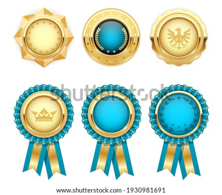 Turquoise award rosettes and gold heraldic medals, prize seal or insignia, vector