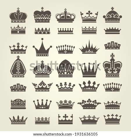 Crown icons set, monarchy authority and royal symbols, heraldic crowns collection, vector
