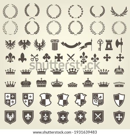 Heraldry kit of knight blazons and coat of arms elements, medieval heraldic emblems, vector