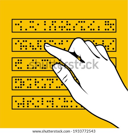 Braille font inscription, reading book by finger, blind people font, hand and braille text, vector