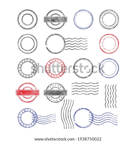 Blank templates of shabby postal stamps of round shape, vector