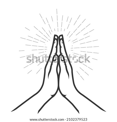 Folded hands in prayer, palm to palm hands, christian blessing in grace, vector