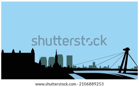 Bratislava city outline skyline, cityscape with SNP bridge, castle and old town of Bratislava, vector