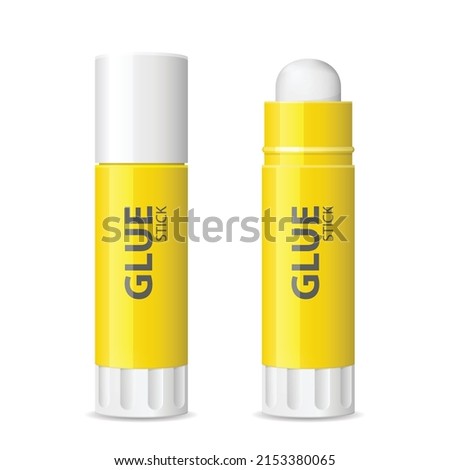 Glue stick with lid open and closed, school and office glue barrel isolated on background, vector 