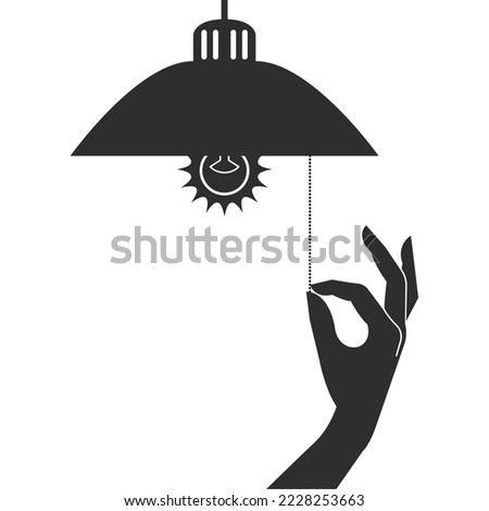 Saving energy, lampshade and hand of woman turns off light with pull-chain switch, lamp energy efficiency, vector