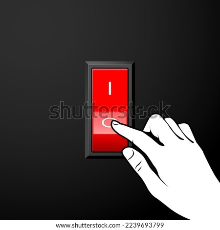 Finger turns off electric switch, saving energy and energy efficiency, hand and red button, vector