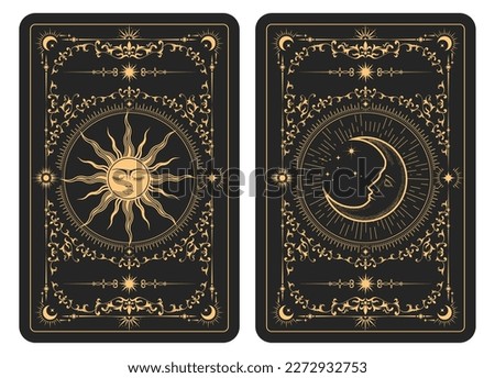 The reverse side of a tarot cards batch, pattern with mystic sun and moon, esoteric symbols of half-moon and astrology, vector 