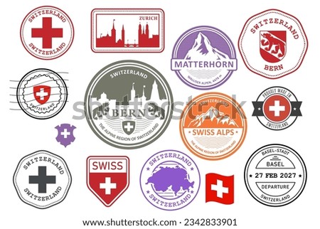 Switzerland and Alps rubber stamp set, swiss cities badges, labels and symbols, emblems and flags, vector