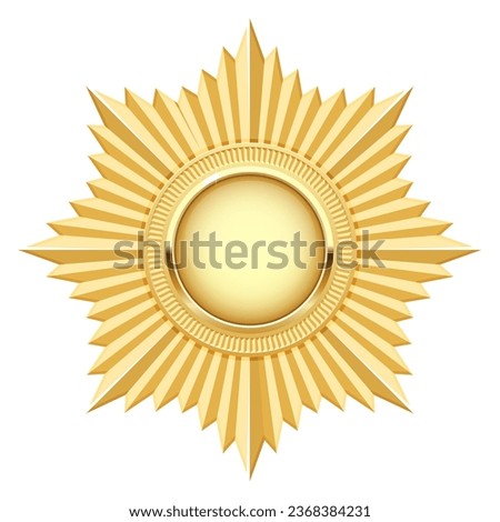 Golden star medal, cogged insignia, award medallion, military badge, vector