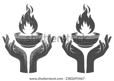 Hands supporting bowl with sacred fire, granting of blessed flame by prometheus, vector