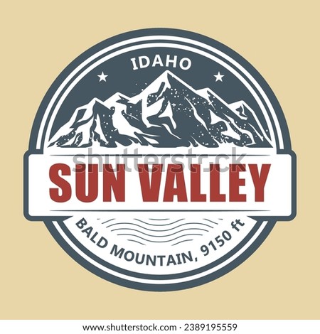 Sun Valley abstract emblem, Idaho stamp with snow covered mountains peaks, vector