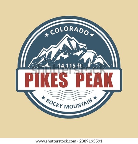 Pikes Peak, Colorado symbolic stamp, emblem with snow covered mountains, vector