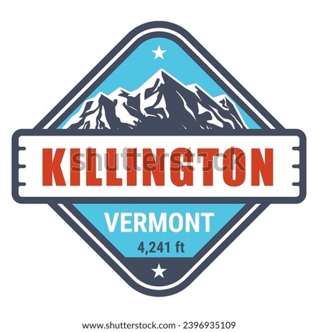 Killington, Vermont ski resort stamp, emblem with snow covered mountains, vector