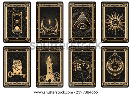 Tarot cards batch reverse side, magic frame with esoteric and mystic symbols, sun and lighthouse, moon and pyramid sorcery, vector