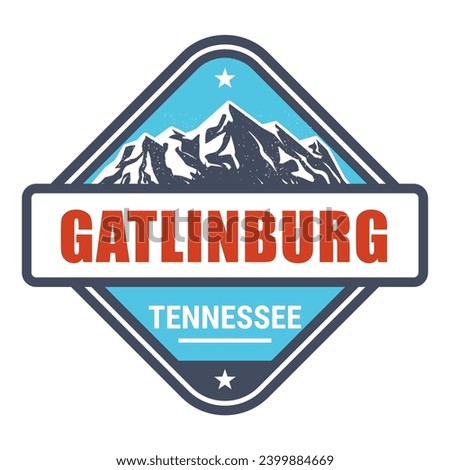 Gatlinburg, Tennessee ski resort stamp, emblem with snow covered mountains, Great Smoky Mountains, vector