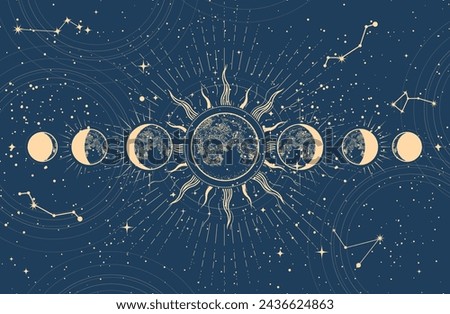 Lunar phases and moon eclipse, mystical moon in space, astrology and horoscope background, oneiromancy, vector