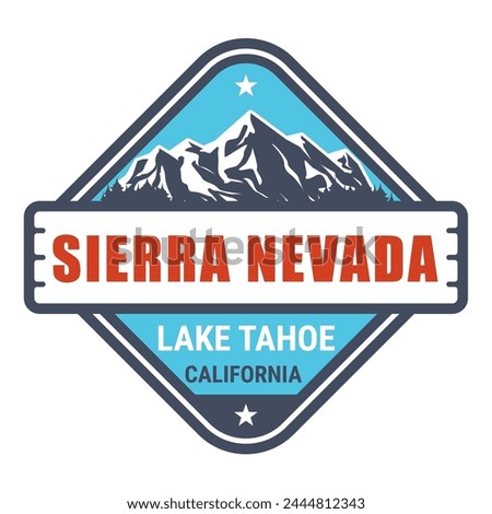 Sierra Nevada USA mountain range, California, emblem with lake tahoe and snow covered mountains, vector