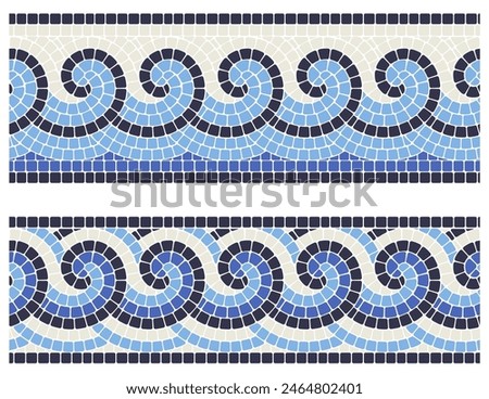 Seamless mosaic border with sea waves in portuguese style, decorative tiling with curly greek ornament, vector