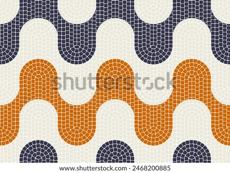 Mosaic paving tile with seamless wavy pattern, waves tessellation in portuguese style, mosaic pavement, vector