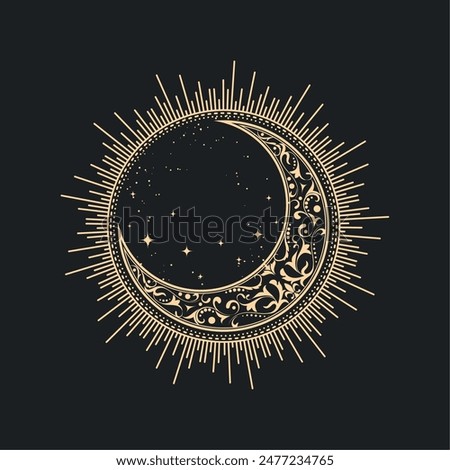 Mystical sun and half-moon filled with pattern, ornate crescent in tarot style, magic jewel, occult symbol, vector