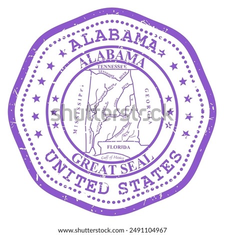Alabama state stamp with seal, USA travel stamp, shabby postmark of Alabama, vector