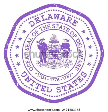 Delaware state stamp with seal, USA travel stamp, shabby postmark of Delaware, vector