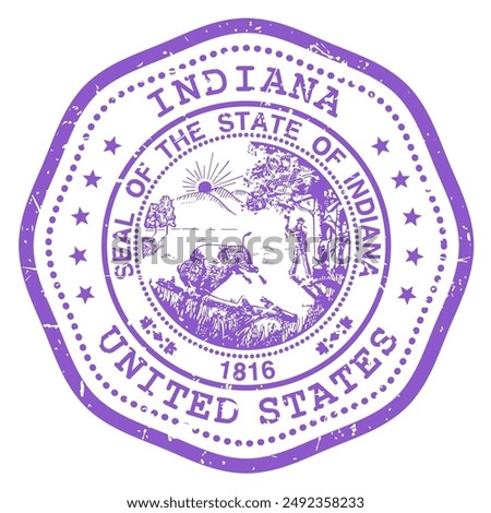 Indiana state stamp with seal, USA travel stamp, shabby postmark of Indiana, vector