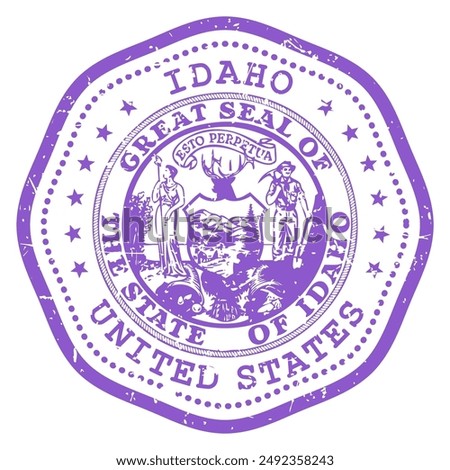 Idaho state stamp with seal, USA travel stamp, shabby postmark of Idaho, vector