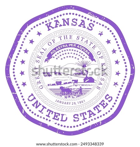 Kansas state stamp with seal, USA travel stamp, shabby postmark of Kansas, vector