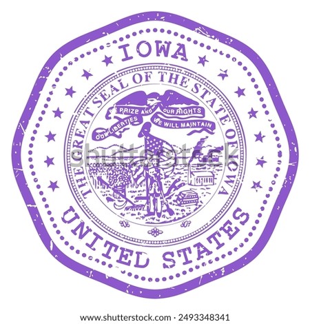 Iowa state stamp with seal, USA travel stamp, shabby postmark of Iowa, vector