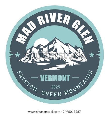 Mad River Glen, Vermont, Green Mountains ski resort stamp, emblem with snow covered mountains, vector