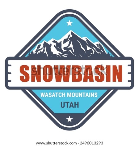 Snowbasin, Utah, Wasatch Mountains resort stamp, emblem with snow covered mountains, vector