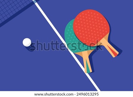 Ping-Pong poster, two rackets and ball for ping pong on table, table tennis competition, view from above, vector