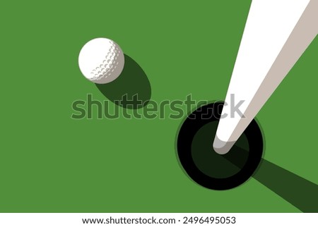 Golf ball on golf course near hole with flagstick, view from above, close up, vector