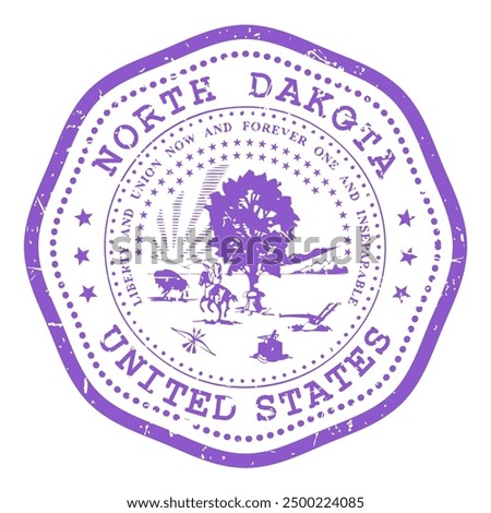 North Dakota state stamp with seal, USA travel stamp, shabby postmark of North Dakota, vector