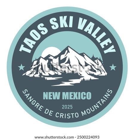 Taos Ski Valley, New Mexico, Sangre de Cristo ski resort stamp, emblem with snow covered mountains, vector