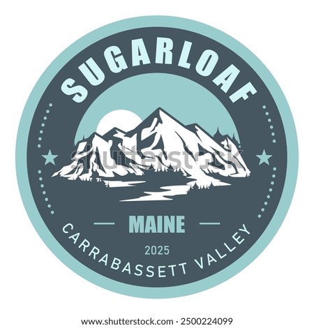 Sugarloaf, Maine, Longfellow Mountains ski resort stamp, emblem with snow covered mountains, vector