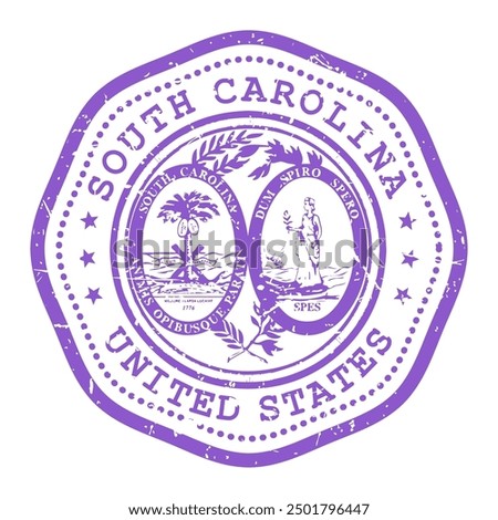 South Carolina state stamp with seal, USA travel stamp, shabby postmark of South Carolina, vector