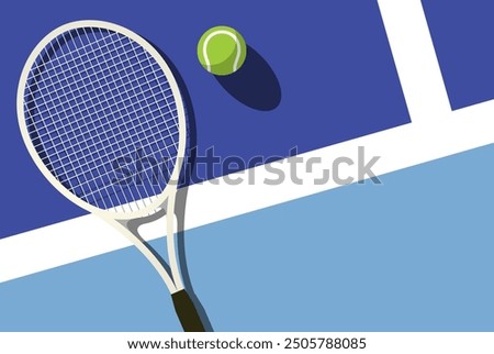 Lawn tennis racket lies near ball on tennis court, top view, tennis tournament poster, vector