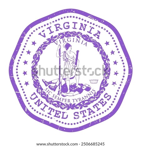 Virginia state stamp with seal, USA travel stamp, shabby postmark of Virginia, vector