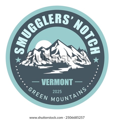 Smugglers Notch stamp, resort in Green Mountains in Vermont, Mount Mansfield emblem with snow covered peaks, vector