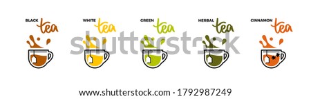 Tea cup icons, hot drink with splashes and droplets. Grade tea menu, all kind of tea with names and lettering. Simple line vector illustration as logotype or emblem.