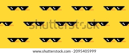 Meme pixel glasses on yellow background. Seamless vector pattern.