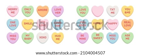 Sweet heart shape candy. Conversation sweets for valentines day isolated on white background. Valentine sweetheart candies with text.