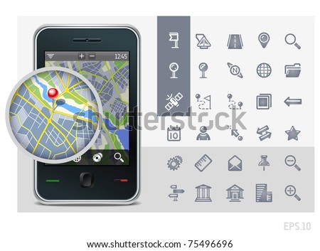 gps phone interface icons set and map with pin