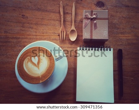 top view of mock up set of coffee lover with notebook and gift book: nostalgia concept with retro filter effect