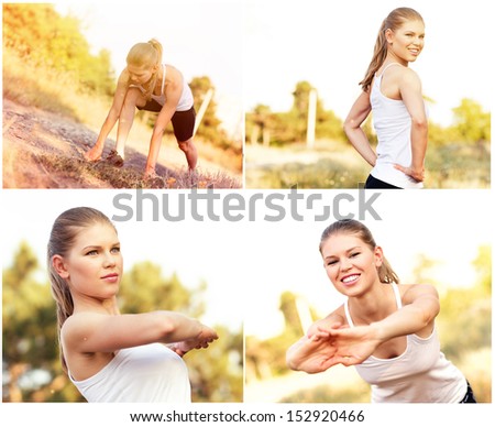 Collage of photos of jogger woman warming up before cross run training. Young attractive female athlete exercising outdoors.