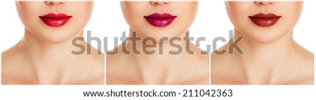 Collage of red lipgloss shades, isolated on white background. Close-up of young woman\'s perfect lips.