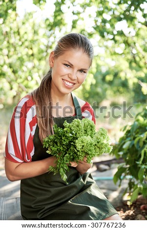Smiling female farmer holding organic lettuce in vegetable garden. Concept of eco products cultivation.