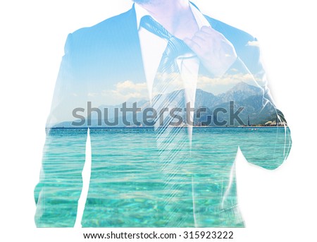 Double exposure portrait of businessman and clear blue sea. Concept of tired manager dreaming to escape from work and relax on peaceful beach.
